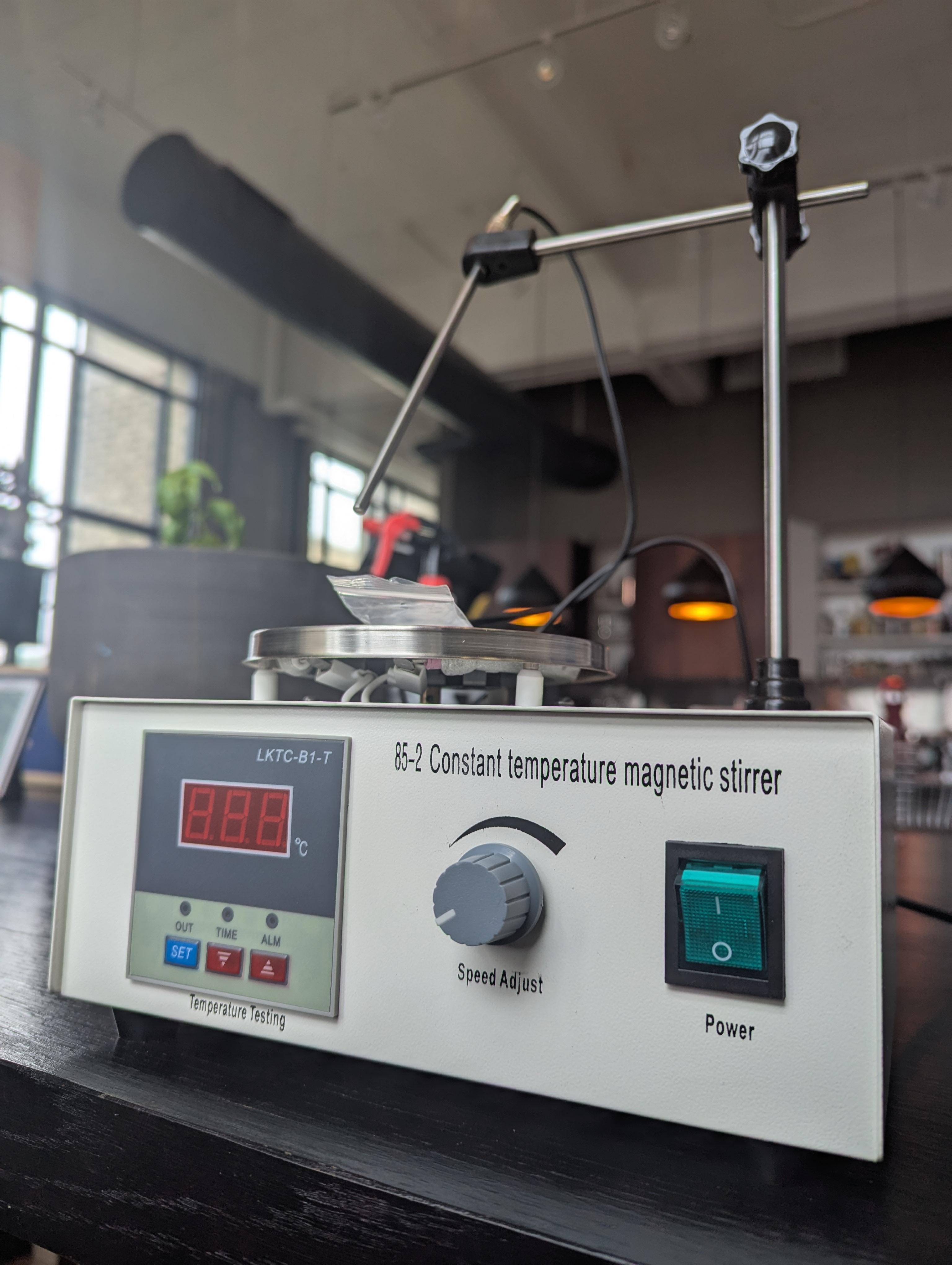 Scientific equipment: a warming stir plate with temperature probe